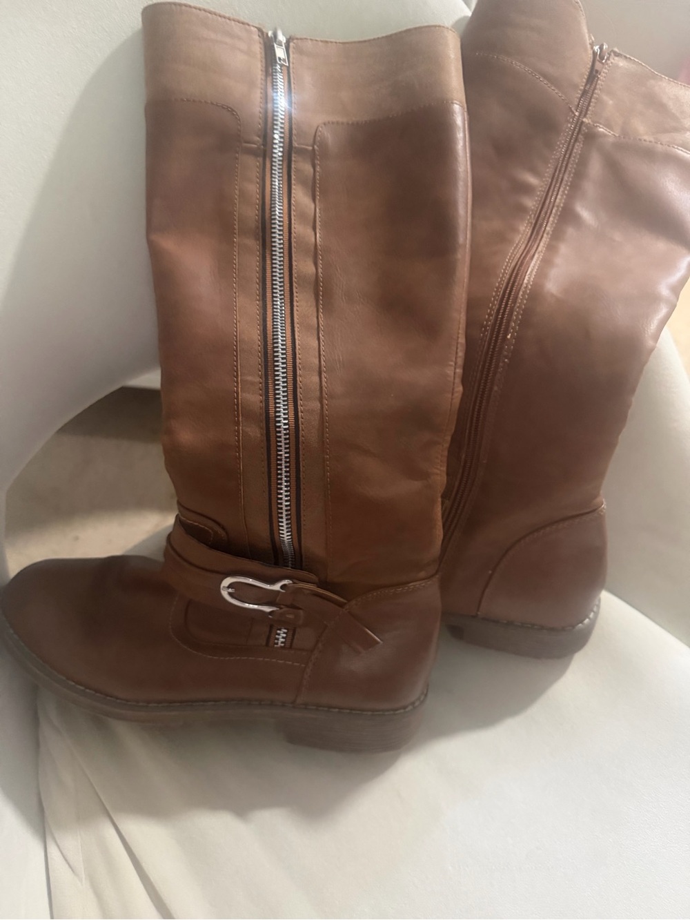 Tall Brown Zip-Front Women's Riding Boots with Buckle Accent